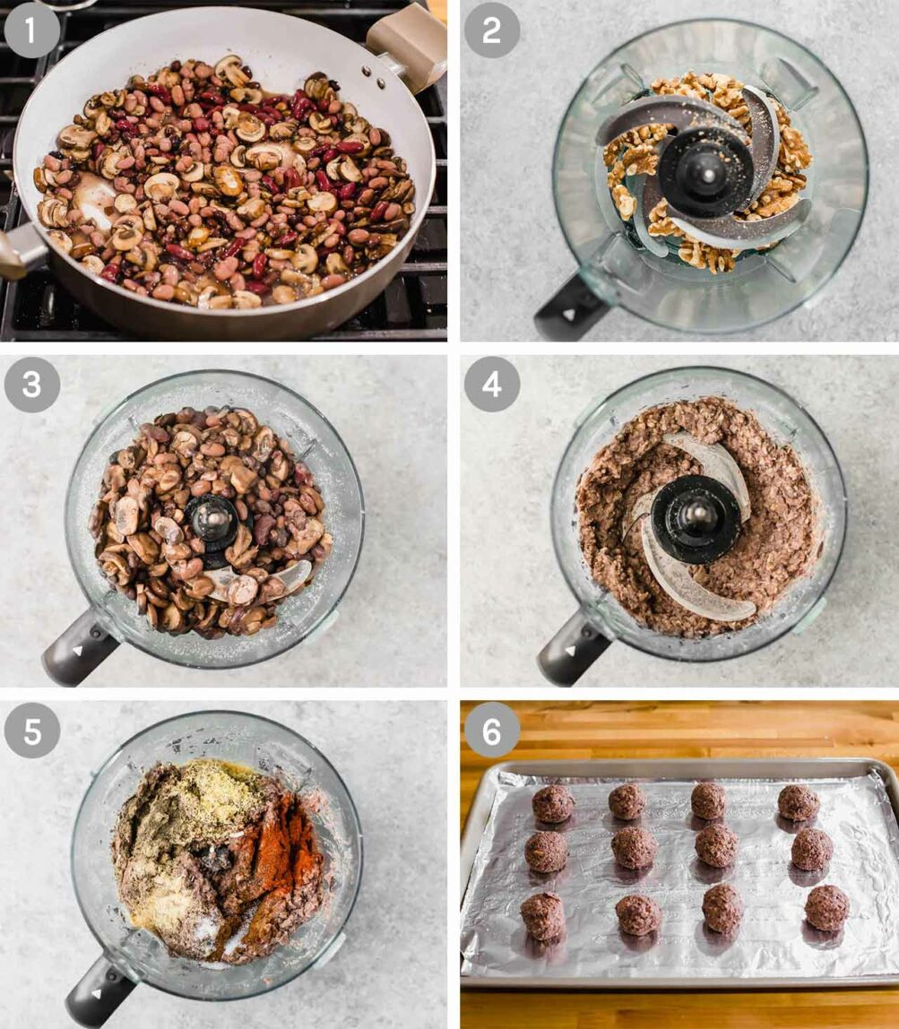 6 steps for making vegan meatballs with black beans and mushrooms.
