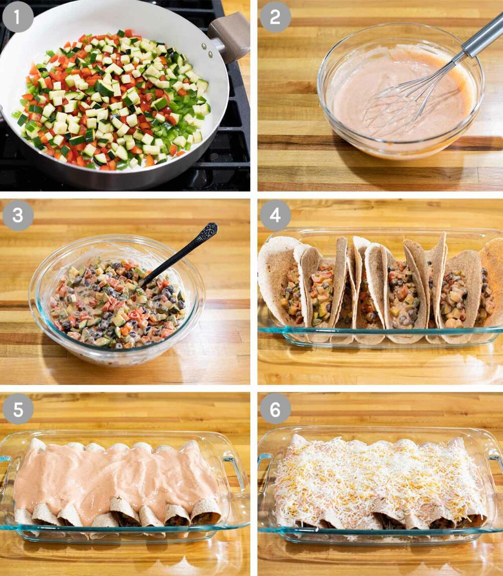 6 steps for making vegetarian enchiladas.