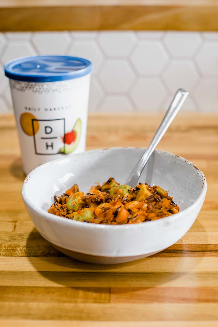 Daily Harvest harvest bowl on a countertop.