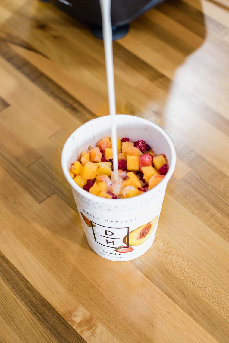 Daily Harvest strawberry and peach smoothie with almond milk.
