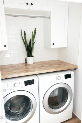 Angled shot of washer and dryer with butcher block and plant on top.