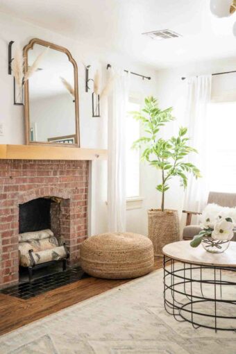 Living room with white rug, floor pillow, and green plant.