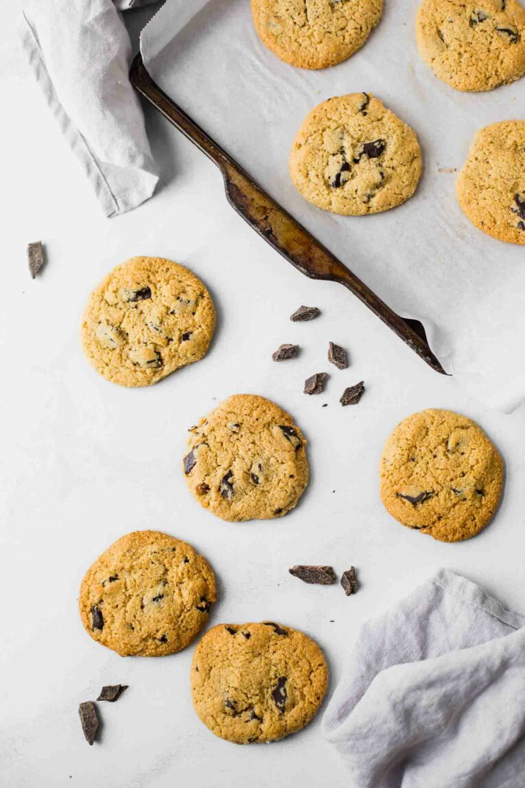 Top shot of almond flour chocolate chip cookies.
