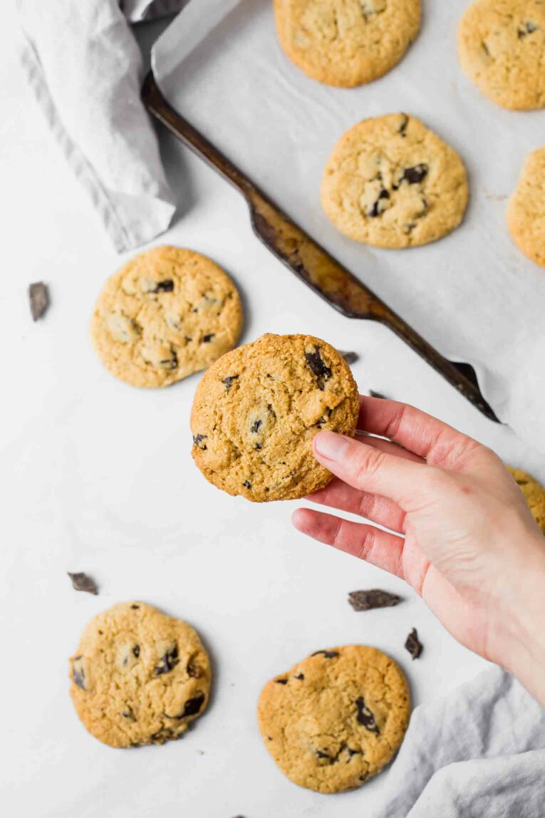 Hand holding an almond flour cookie with chocolate chips.