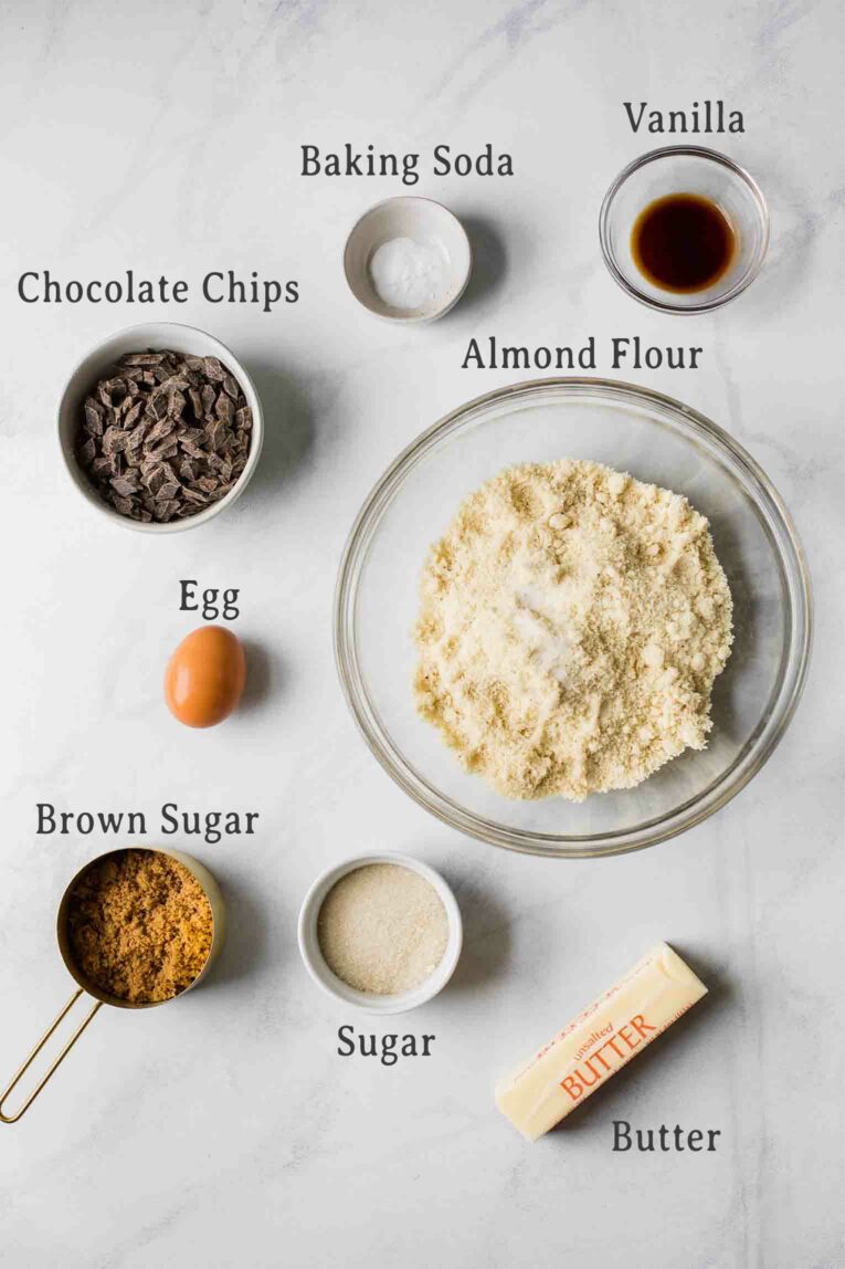 Ingredients for almond flour chocolate chip cookies.