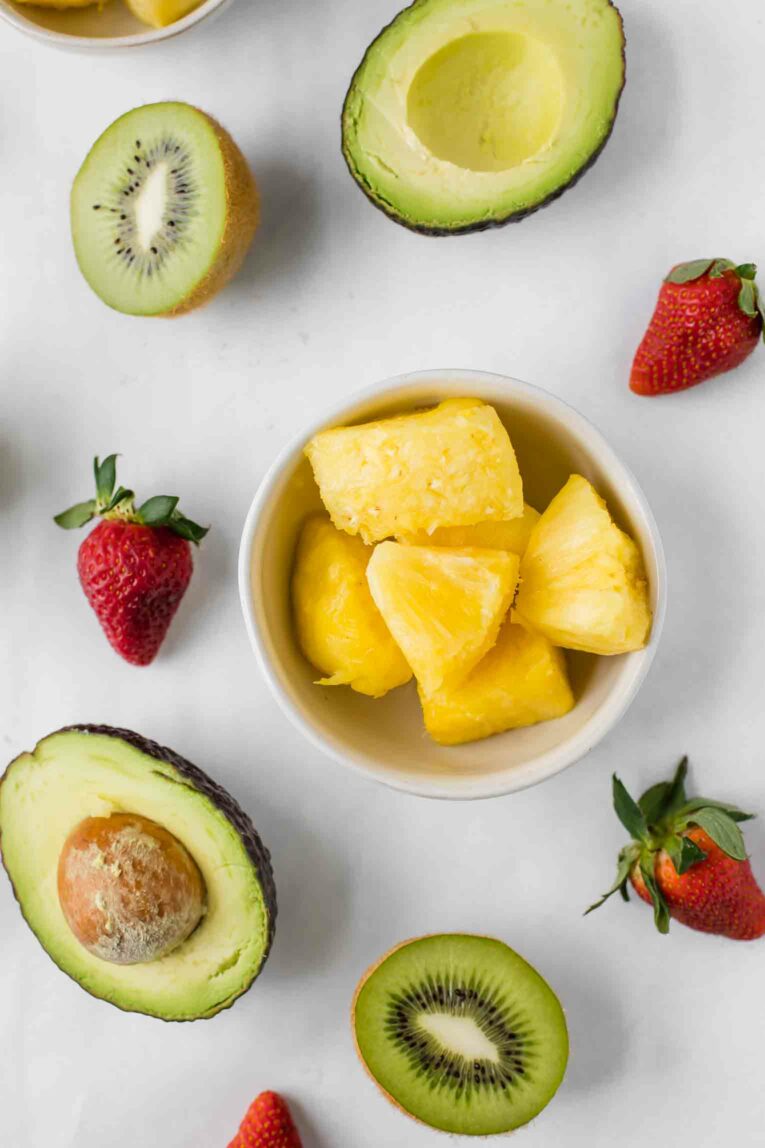 Spring fruits on a white background.