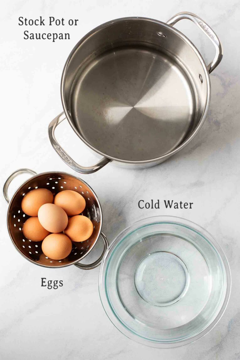 Pot of water, eggs, and bowl of cold water.