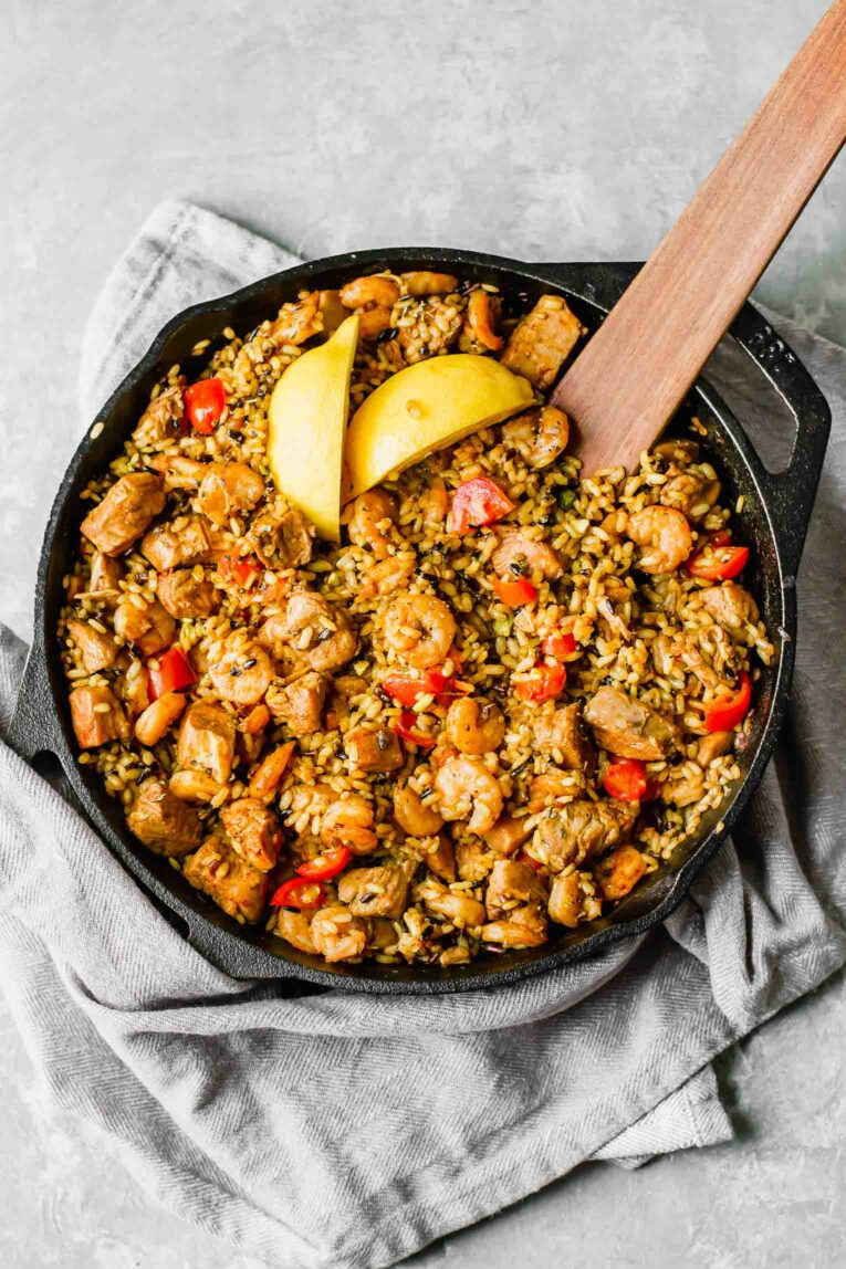 Top shot of Chicken & Shrimp Spanish Paella.