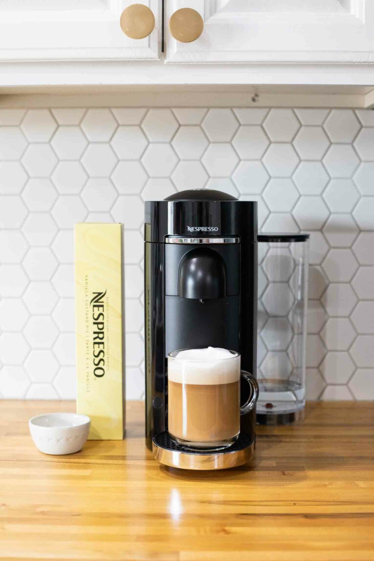 Freshly made vanilla latte with Nespresso products.