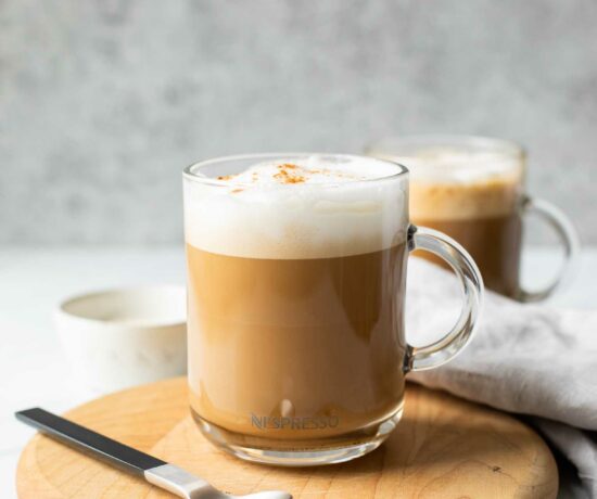 Across shot of a vanilla latte.