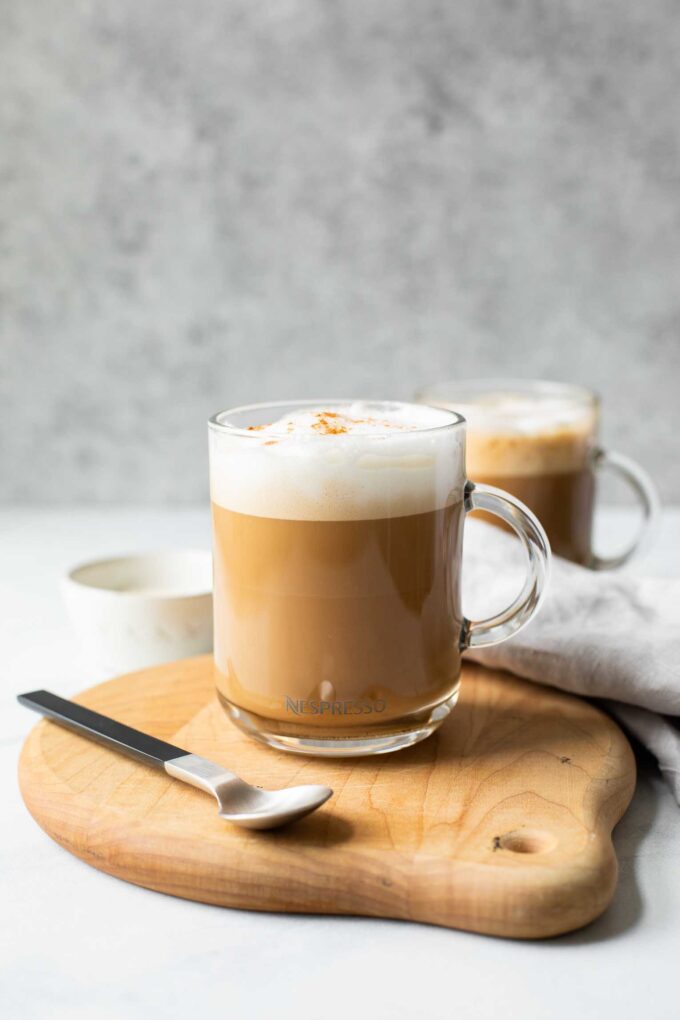 Across shot of a vanilla latte.