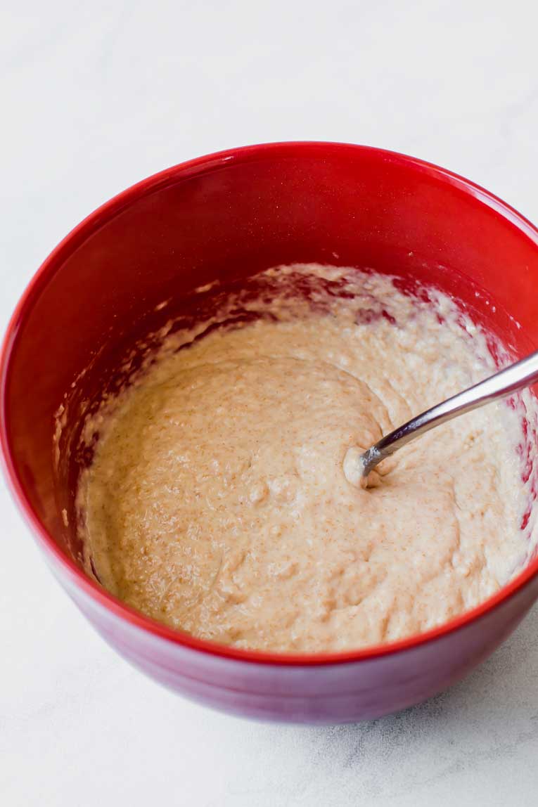 Sourdough pancake batter in a large mixing bowl.