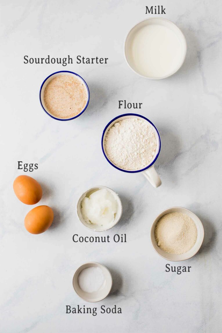 Ingredients list for fluffy sourdough pancakes.