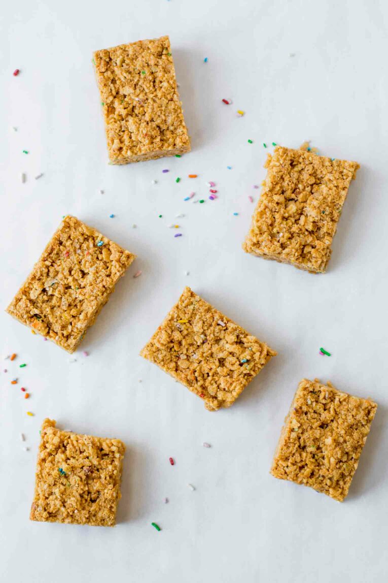 Top shot of several rice krispie treats.