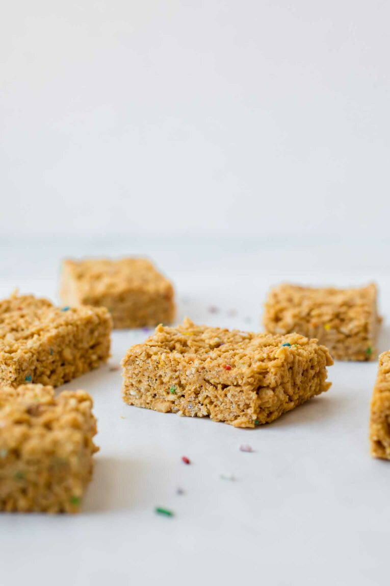 Close up of rice kripie treats.