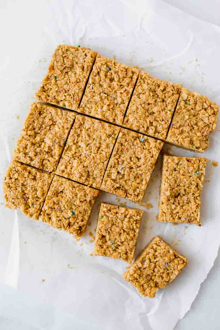 Top shot of rice krispie treats cut into bars.