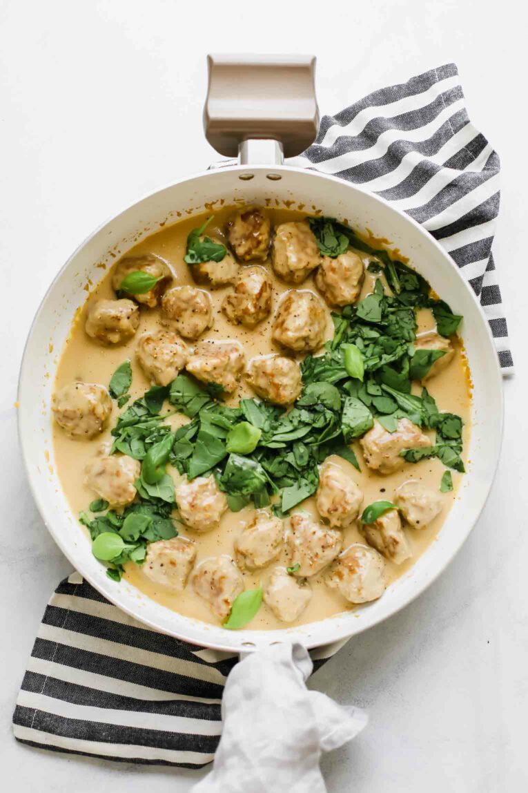 Healthy Turkey Swedish Meatballs in a saucepan.
