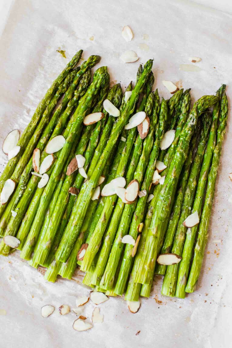 Angled shot of roasted asparagus.