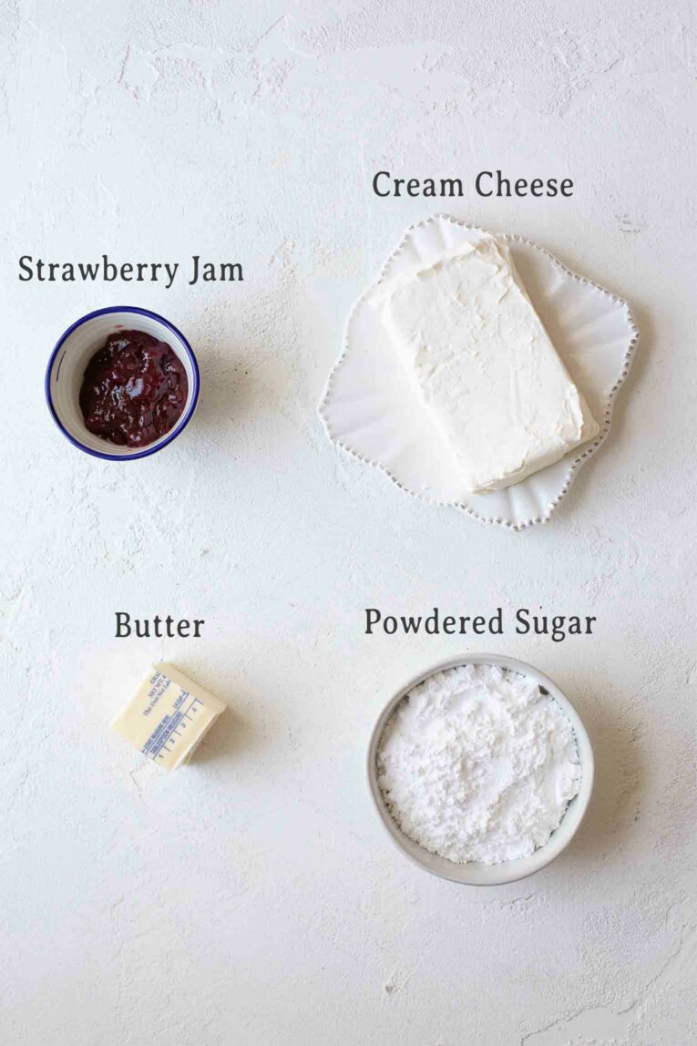 Ingredients for Strawberry Cream Cheese Icing.