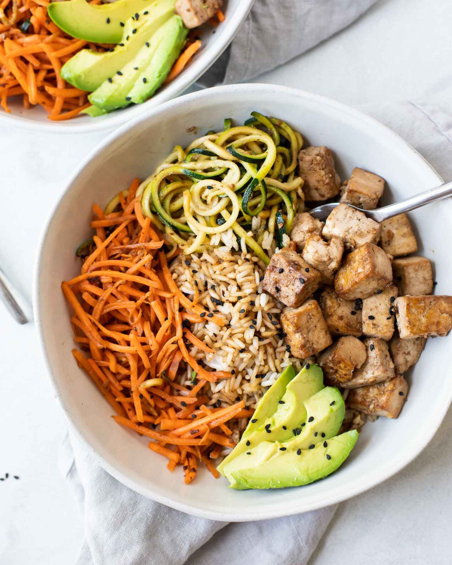 Close up of Asian Tofu Rice Bowls.