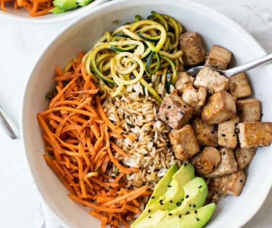 Close up of Asian Tofu Rice Bowls.