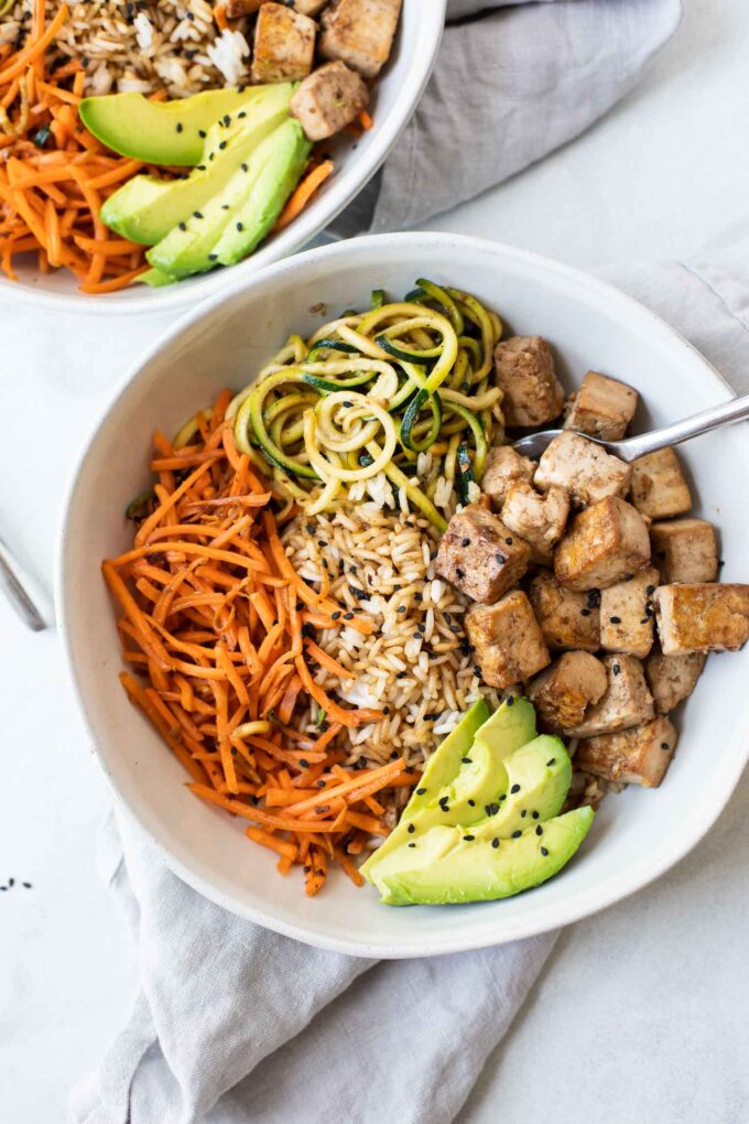 Close up of Asian Tofu Rice Bowls.