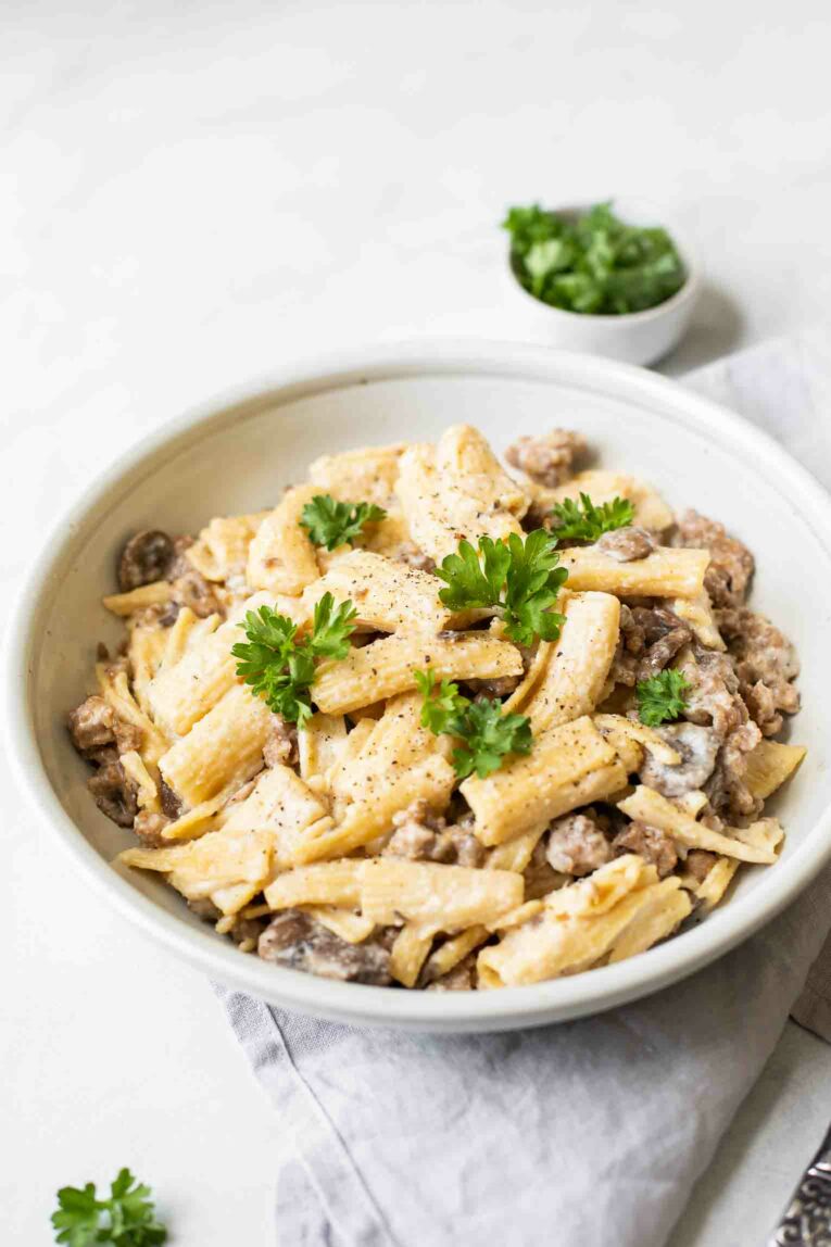 Angled shot of Creamy Mushroom Sausage Rigatoni.