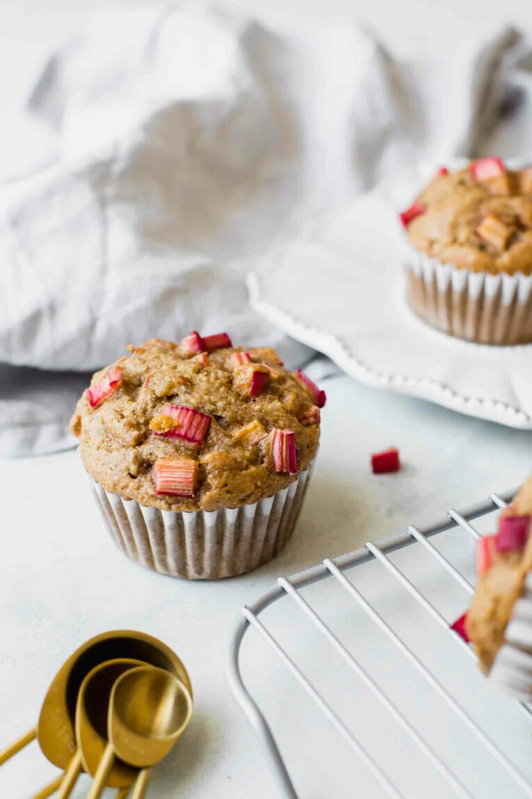 Angled shot of a Gluten-Free Healthy Rhubarb Muffin.