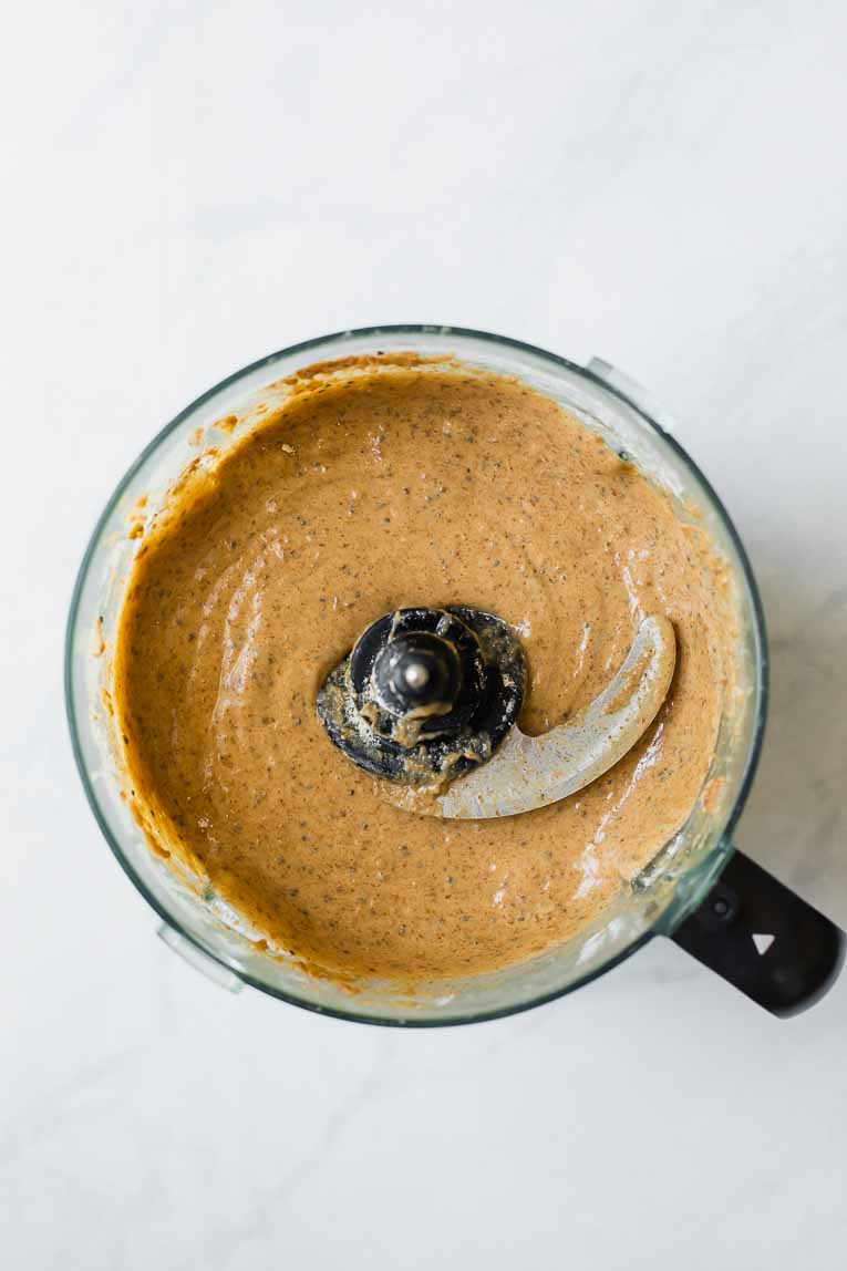 Healthy Rhubarb Muffins batter in a food processor.