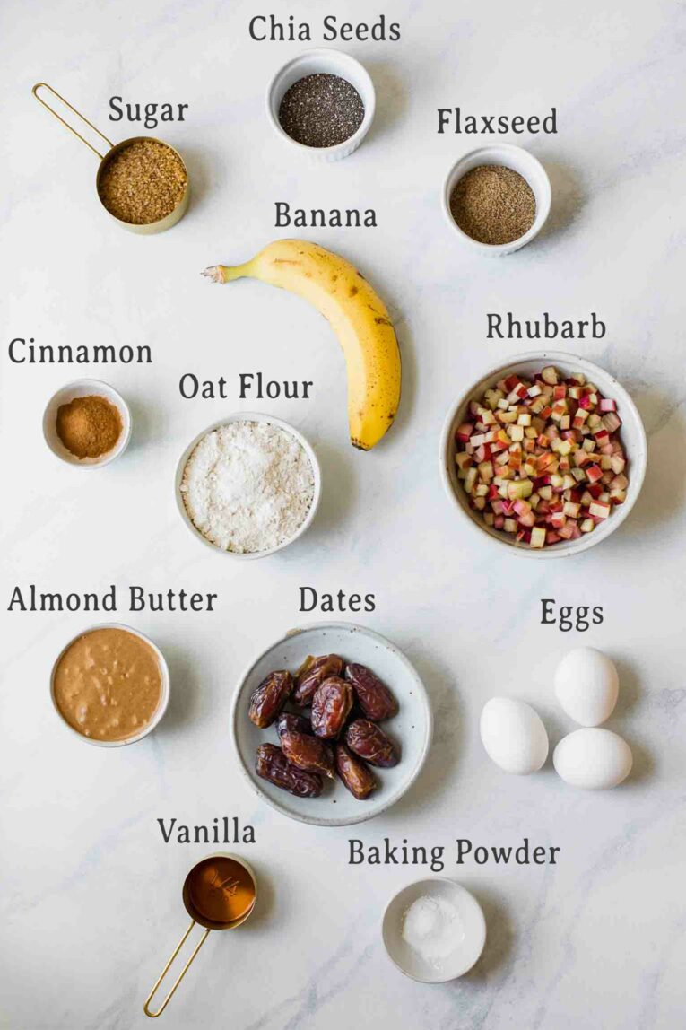 Ingredients for healthy rhubarb muffins.