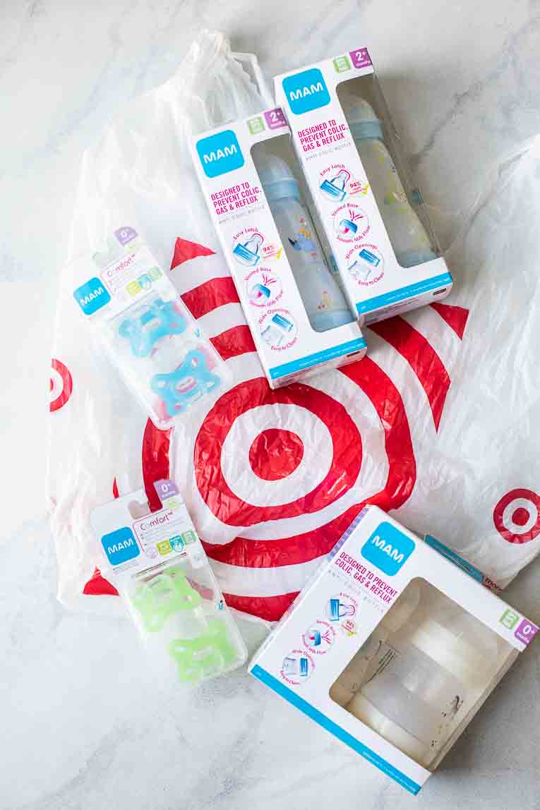 MAM baby products on a Target bag.