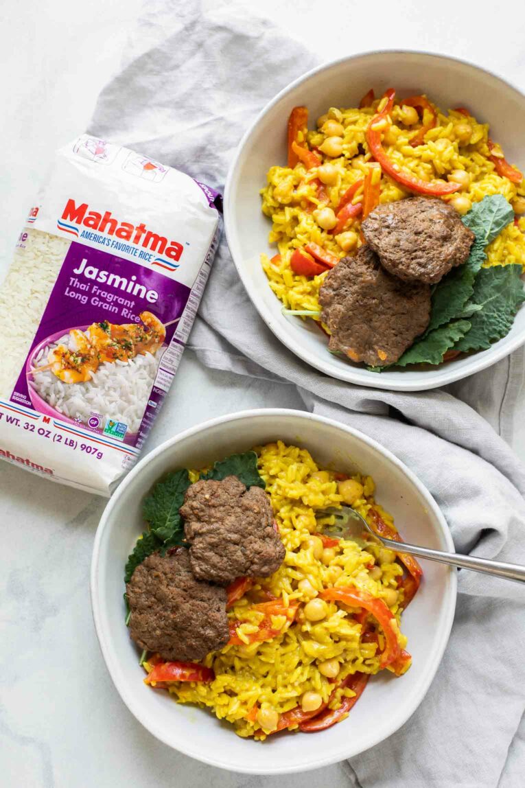 Top shot of two beef curry rice burger bowls with Mahatma Rice.
