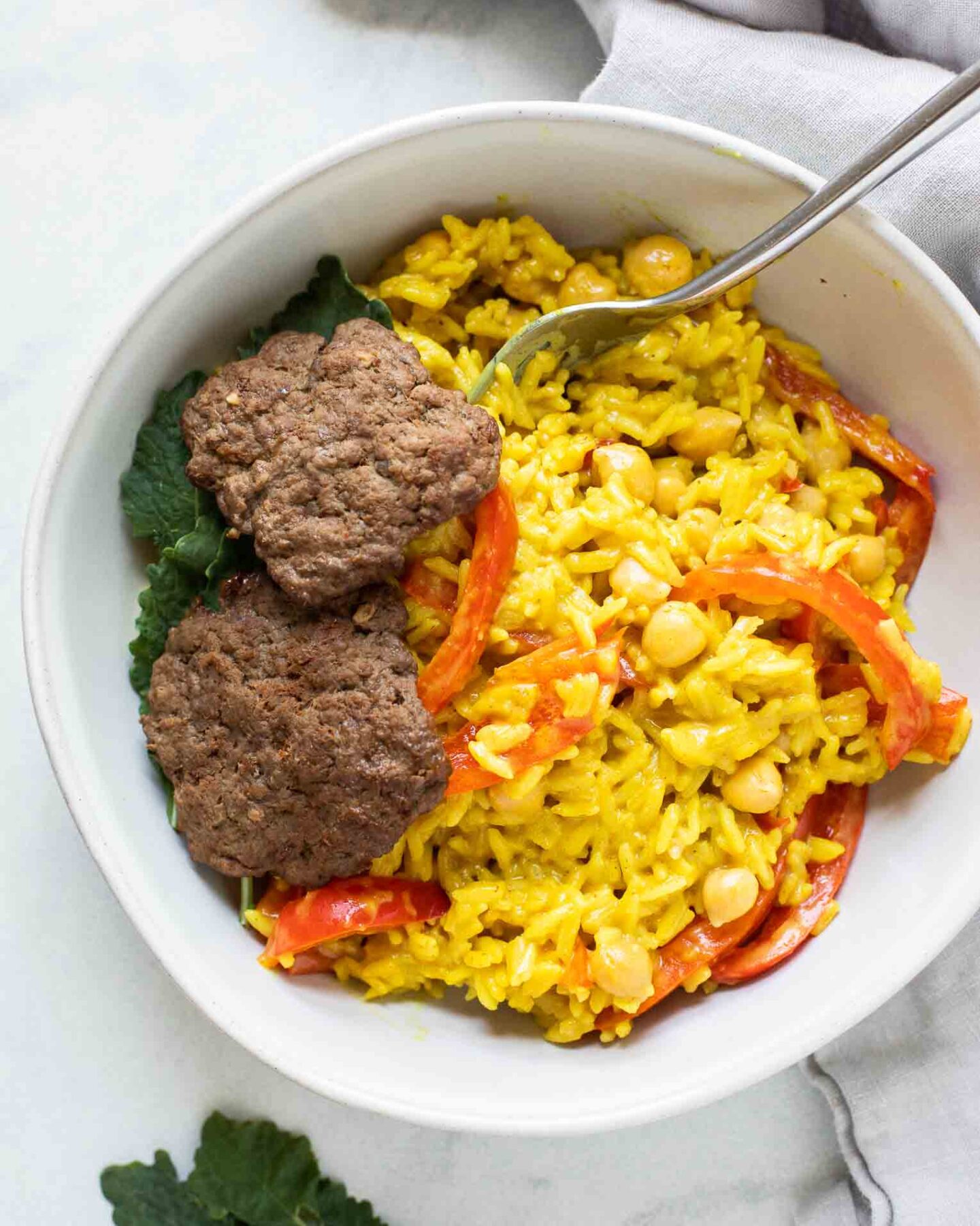 Close up of Beef Curry Rice Burger Bowl.