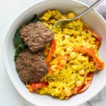 Close up of Beef Curry Rice Burger Bowl.