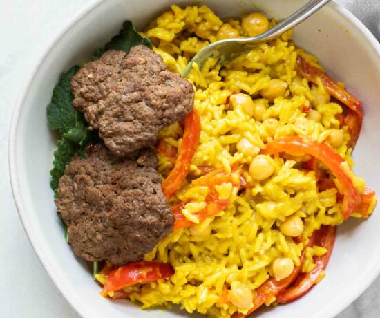 Close up of Beef Curry Rice Burger Bowl.