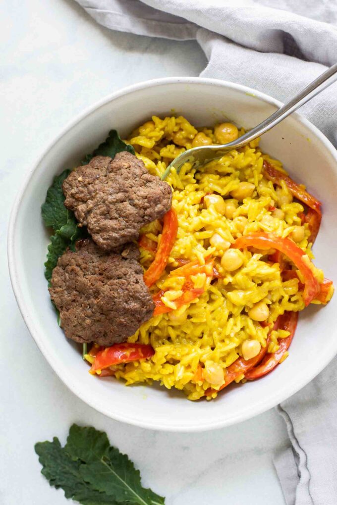 Close up of Beef Curry Rice Burger Bowl.