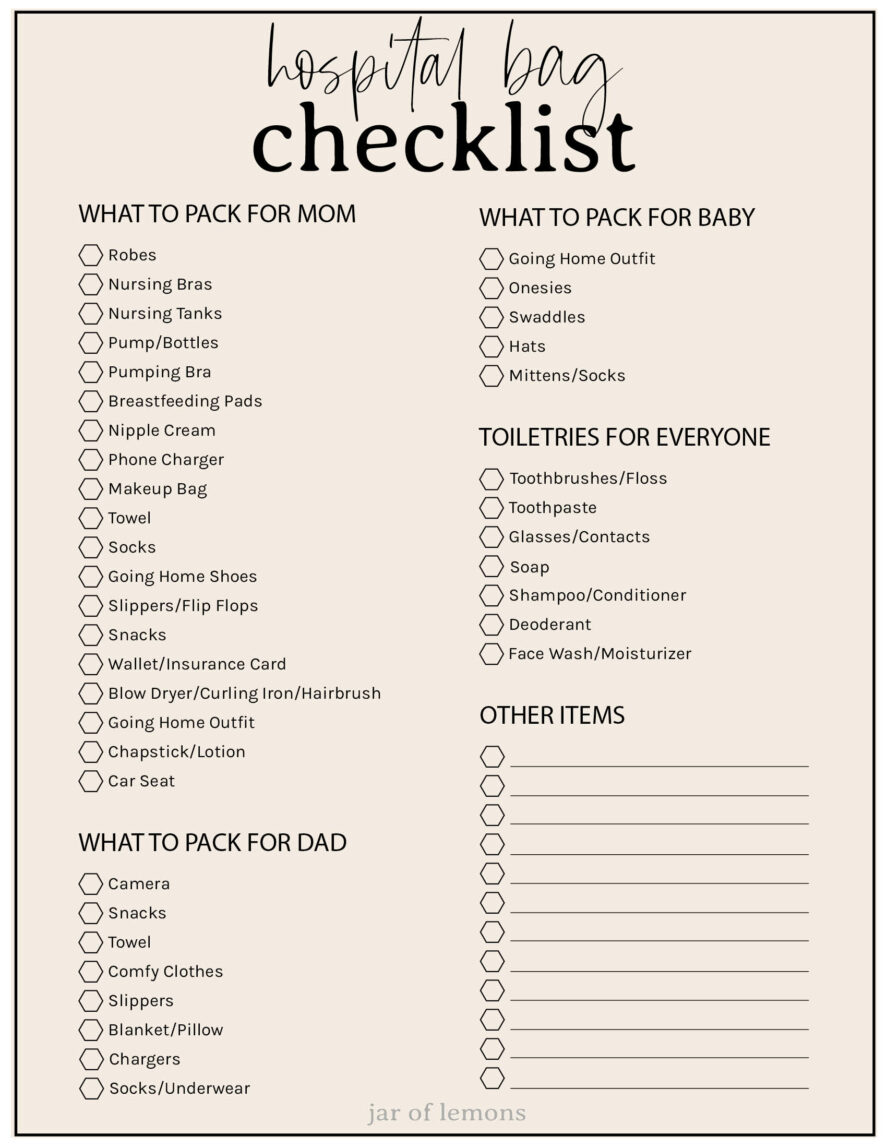 Hospital Bag Checklist Printable PDF