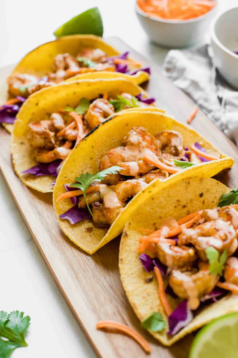 Angle shot of Sriracha Lime Shrimp Tacos Recipe.