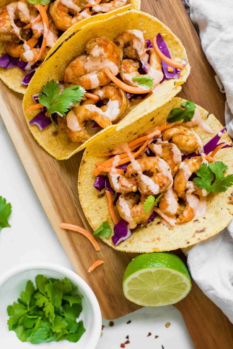 Close up of Sriracha Lime Shrimp Tacos.