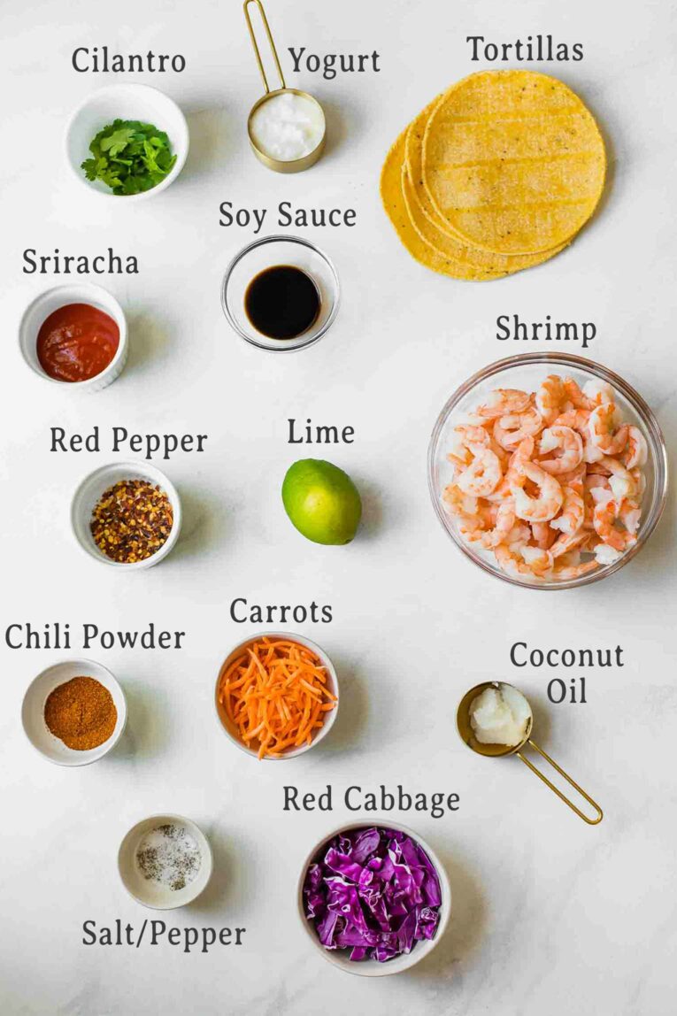 Ingredients for Sriracha Lime Shrimp Tacos recipe.