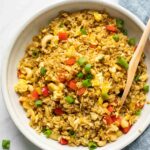Top shot of Thai Pineapple Fried Rice with a blue napkin.