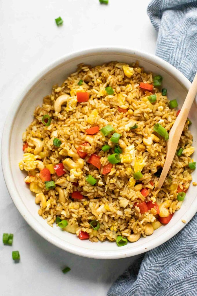 Top shot of Thai Pineapple Fried Rice with a blue napkin.