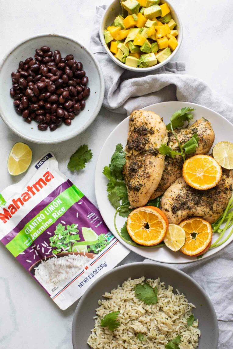 Cuban mojo chicken, black beans, Mahatma Cilantro Limon rice, and salsa.