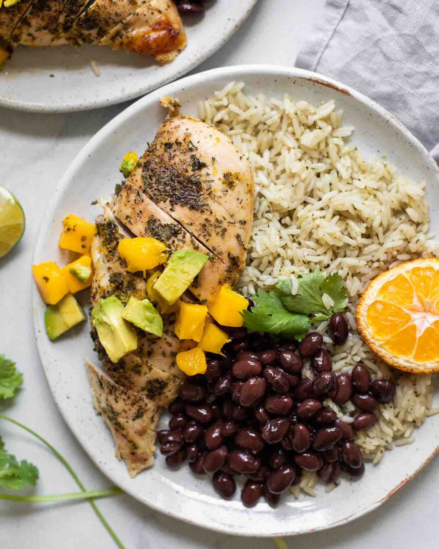 Close up of Cuban Mojo Chicken and Rice on a white plate.