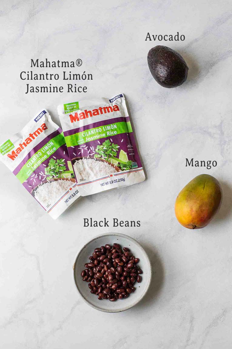 Rice, mango, avocado, and black beans on a white board.