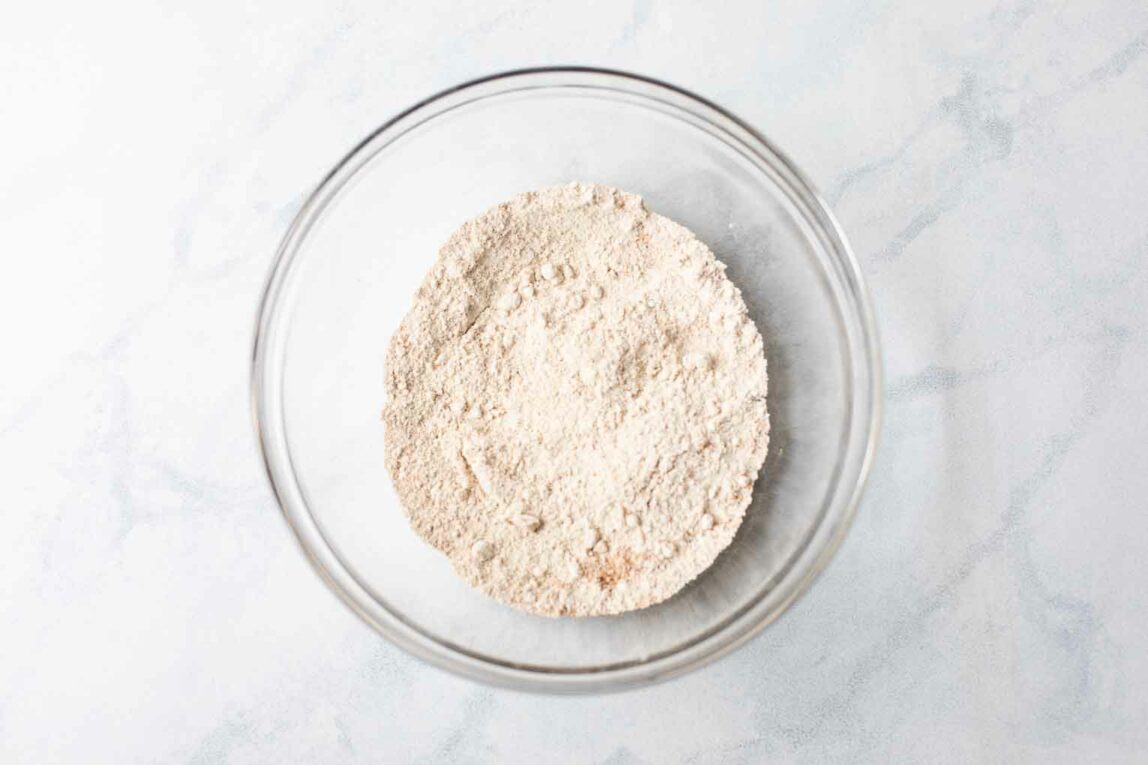 Oat flour in a mixing bowl.