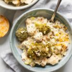 Close up of Crockpot Chicken and Rice in a cozy bowl.