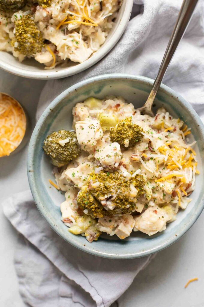 Close up of Crockpot Chicken and Rice in a cozy bowl.