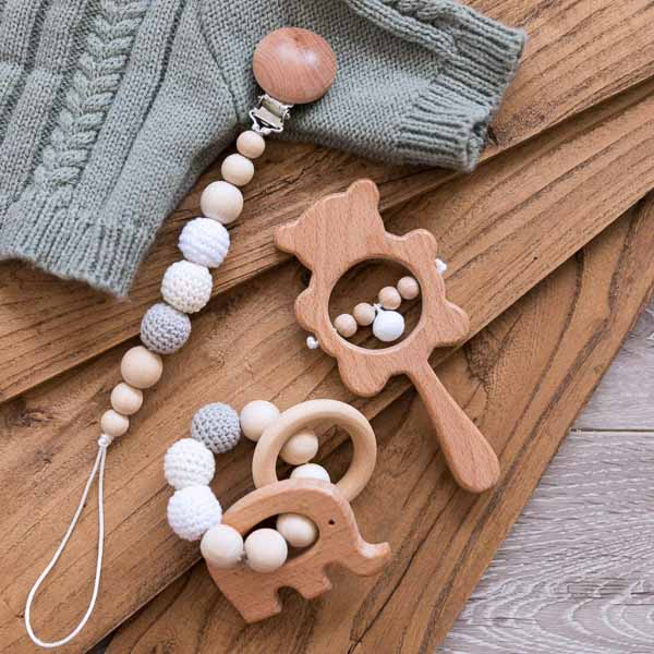 Wooden tethers as a Christmas gift idea for a baby.