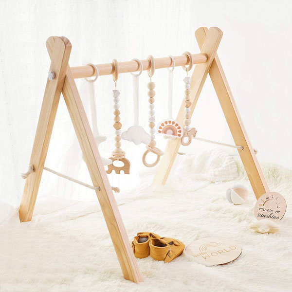 Wooden play area for a baby.